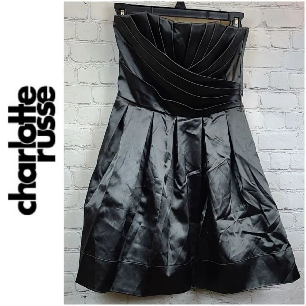 Charlotte Russe Juniors 1 Strapless Satin Dress Charcoal Fit Flare Cocktail Mini - Picture 9 of 10